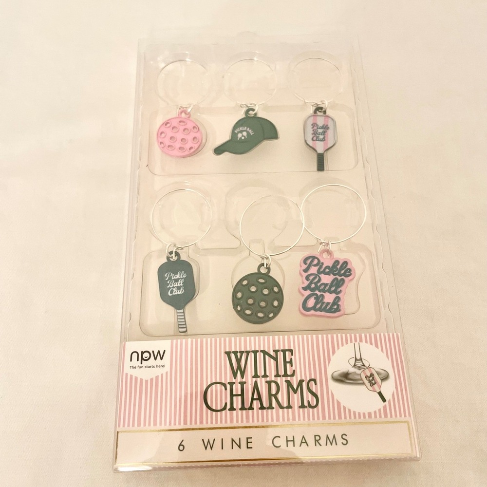 NPW Pickleball Wine Charms Set of 6‎ Pink Green Paddle Ball Drink Markers NEW